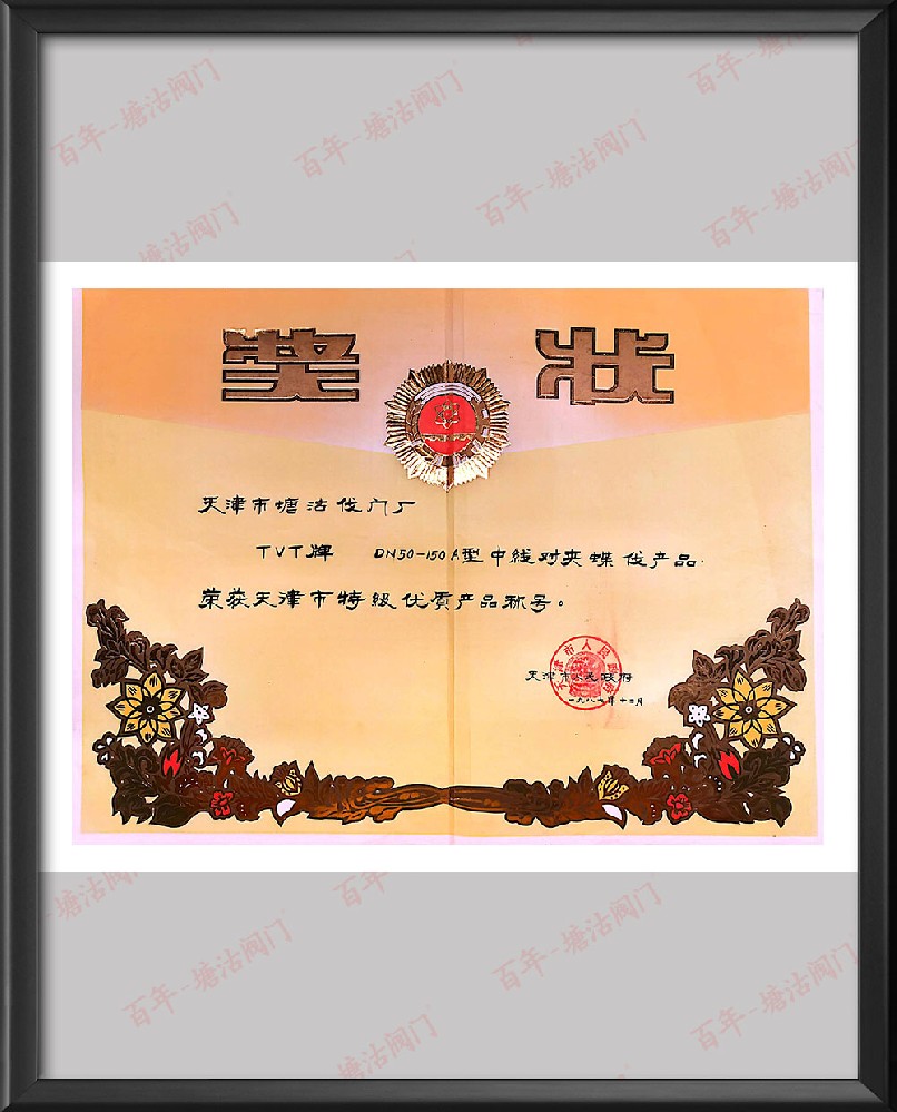 DN50-150A型中線對夾蝶閥產品榮獲天津市特級優(yōu)質產品稱號